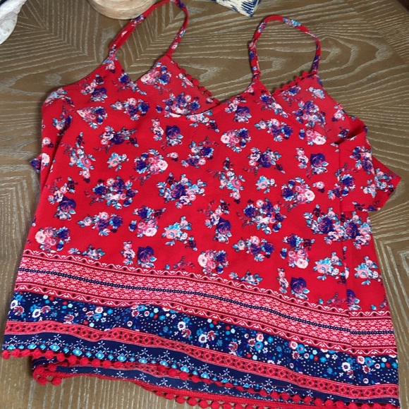 NWOT! Ruffled & Pom Pom Trim Floral Spaghetti Strap Sleeveless Tank Top Blouse - Picture 10 of 10